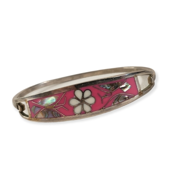 Taxco Shell Inlay Sterling Silver Hinged Bracelet - Picture 1 of 6